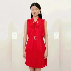 Karen Millen Pleated Georgette Tie neck Mini Dress sz 4 NWT